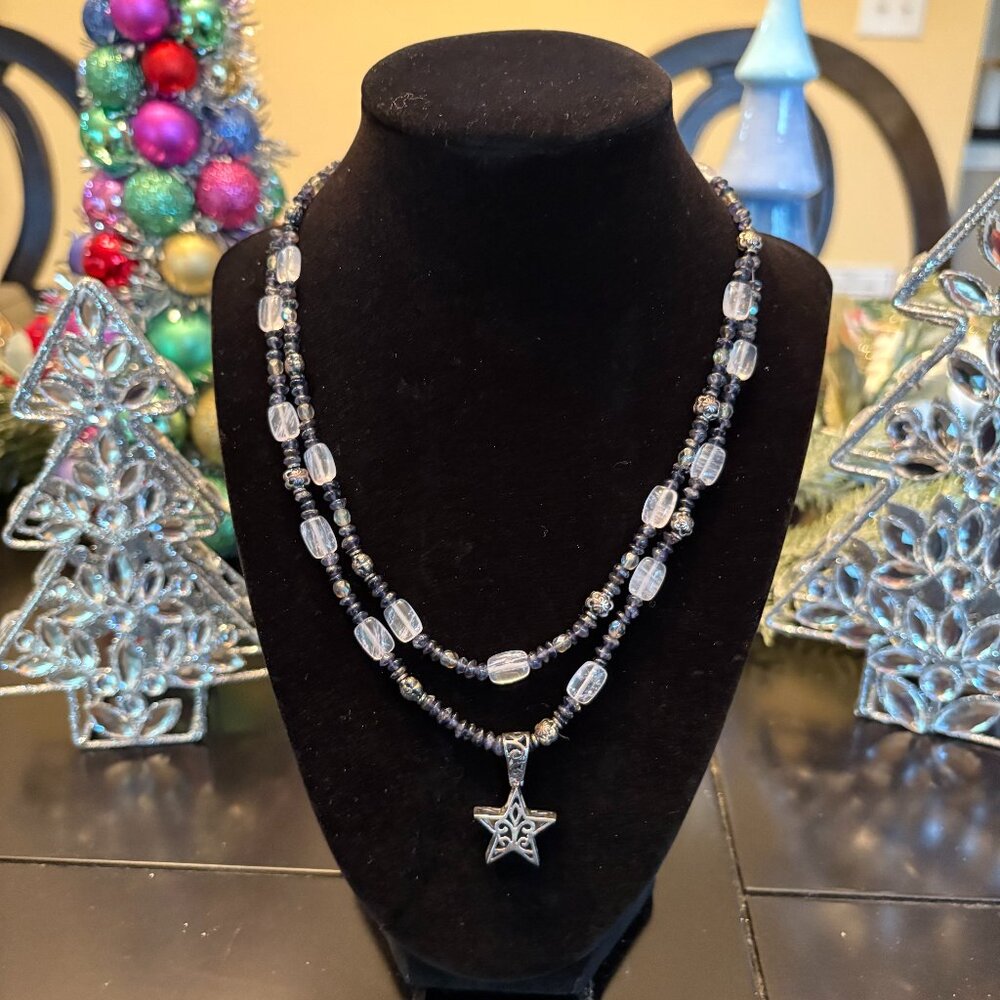 Sterling Silver Star, double-strand necklace in natural iolite and quartz